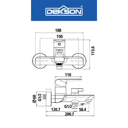 Kran Shower Bathtub Mixer 2 Function Dekkson BBM 1111 Keran Shower Panas Dingin Sower Kran Bathub Mixer