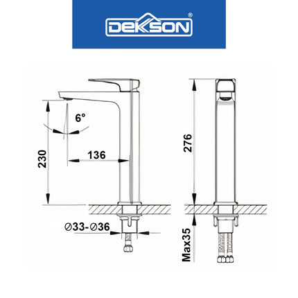 Basin Mixer Dekkson BM 1849L Premium Brass Keran Wastafel Mix Panas Dingin Cuci Tangan Brass Faucet Mixer Cold &amp; Hot Water Long Neck