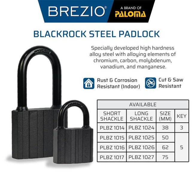 BREZIO Gembok Padlock Pagar Loker Kunci Pintu Leher Panjang Pendek Shackle Long Short Baja Hardened Steel Silinder Kuningan Brass Cylinder Hitam BlackRock Black Rock PLBZ 10
