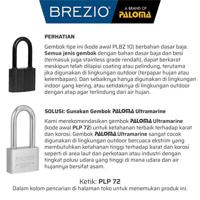 BREZIO Gembok Padlock Pagar Loker Kunci Pintu Leher Panjang Pendek Shackle Long Short Baja Hardened Steel Silinder Kuningan Brass Cylinder Hitam BlackRock Black Rock PLBZ 10