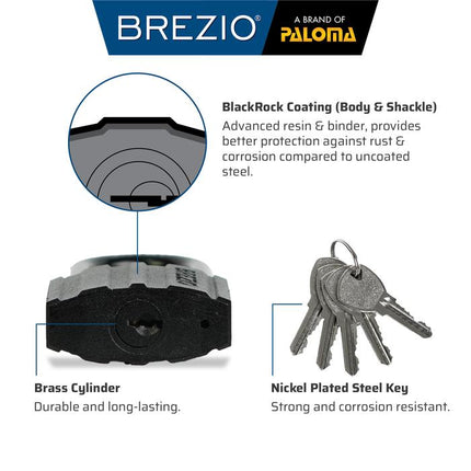BREZIO Gembok Padlock Pagar Loker Kunci Pintu Leher Panjang Pendek Shackle Long Short Baja Hardened Steel Silinder Kuningan Brass Cylinder Hitam BlackRock Black Rock PLBZ 10