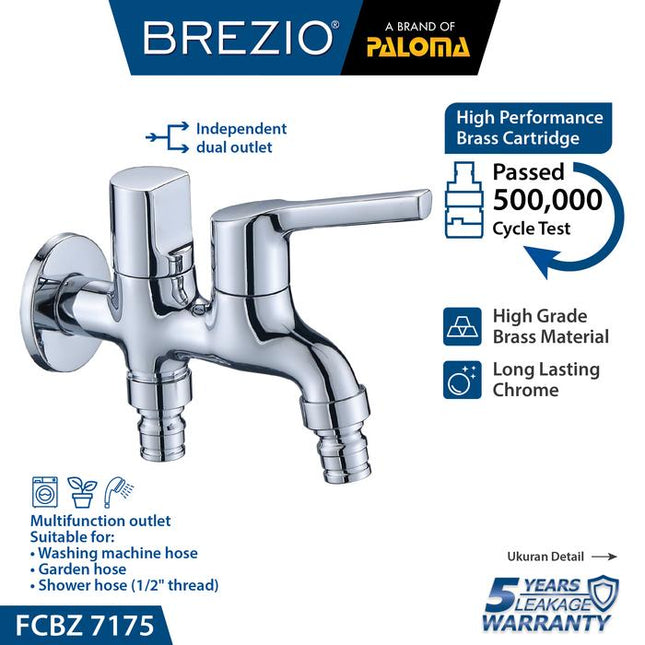 BREZIO Keran Cabang Mesin Cuci Keran Cabang Mesin Cuci Double Tembok Kran Air Brass Kuningan Chrome Silver Grey Abu Black Hitam Gunmetal Gun Metal FCBZ 7175 FCBZ 7275 FCBZ 7375