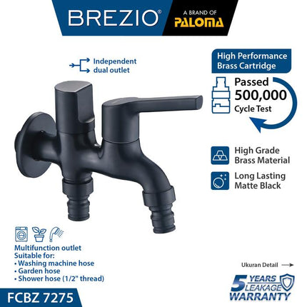 BREZIO Keran Cabang Mesin Cuci Keran Cabang Mesin Cuci Double Tembok Kran Air Brass Kuningan Chrome Silver Grey Abu Black Hitam Gunmetal Gun Metal FCBZ 7175 FCBZ 7275 FCBZ 7375