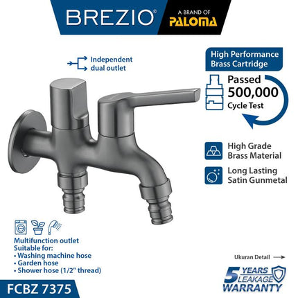 BREZIO Keran Cabang Mesin Cuci Keran Cabang Mesin Cuci Double Tembok Kran Air Brass Kuningan Chrome Silver Grey Abu Black Hitam Gunmetal Gun Metal FCBZ 7175 FCBZ 7275 FCBZ 7375