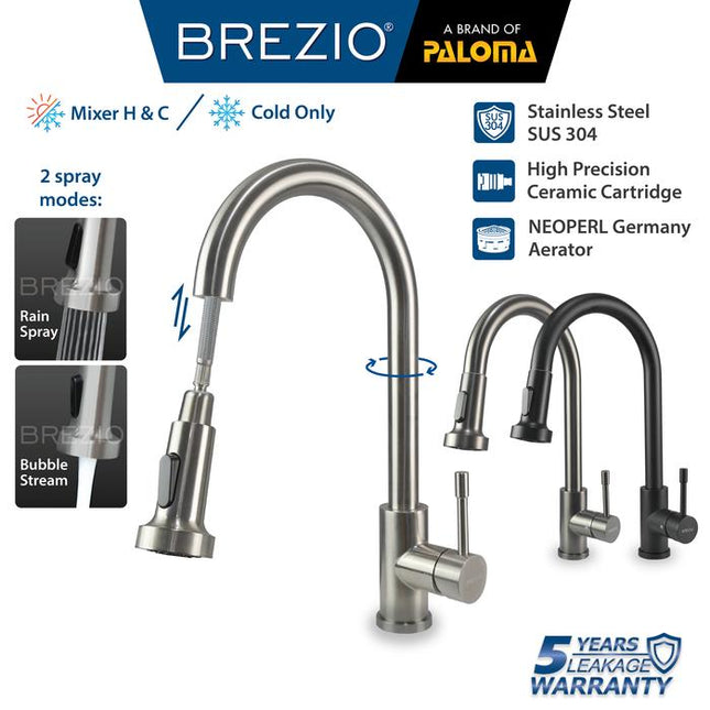BREZIO Keran Dapur Cuci Piring Fleksibel Tarik Kran Air Sink Flexible Pull Out Down Mixer Panas Dingin Stainless Black Gunmetal Gun Metal Grey Gold Hitam Abu Emas FCBZ 8151 8161