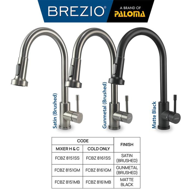 BREZIO Keran Dapur Cuci Piring Fleksibel Tarik Kran Air Sink Flexible Pull Out Down Mixer Panas Dingin Stainless Black Gunmetal Gun Metal Grey Gold Hitam Abu Emas FCBZ 8151 8161