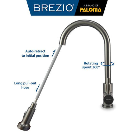 BREZIO Keran Dapur Cuci Piring Fleksibel Tarik Kran Air Sink Flexible Pull Out Down Mixer Panas Dingin Stainless Black Gunmetal Gun Metal Grey Gold Hitam Abu Emas FCBZ 8151 8161