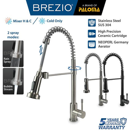 BREZIO Keran Dapur Cuci Piring Fleksibel Tarik Kran Air Sink Flexible Pull Out Down Mixer Panas Dingin Stainless Black Gunmetal Gun Metal Grey Gold Hitam Abu Emas FCBZ 8153 8163