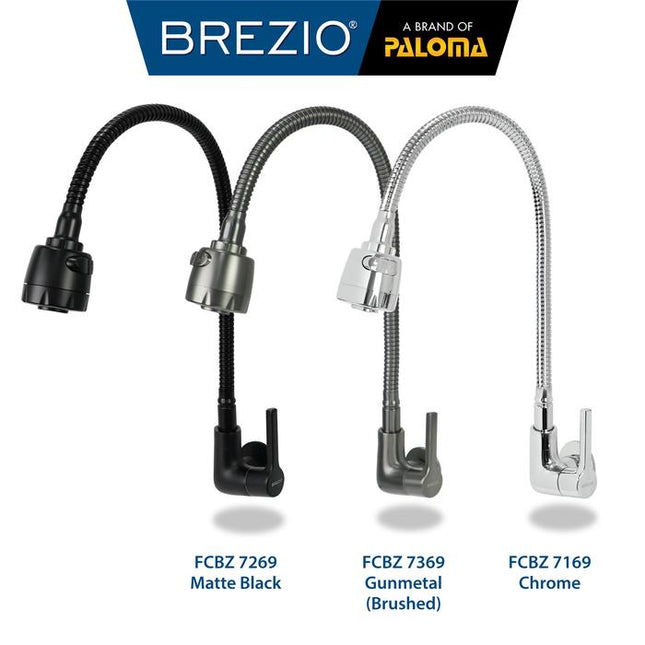 Keran Dapur Fleksibel BREZIO FCBZ 7169 FCBZ 7269 FCBZ 7369 Chrome Krom Silver Gunmetal Gun Metal Grey Abu Black Hitam Kran Cuci Piring Kran Air Sink Kran Leher Angsa Flexible Tembok Dinding Wall Brass Kuningan