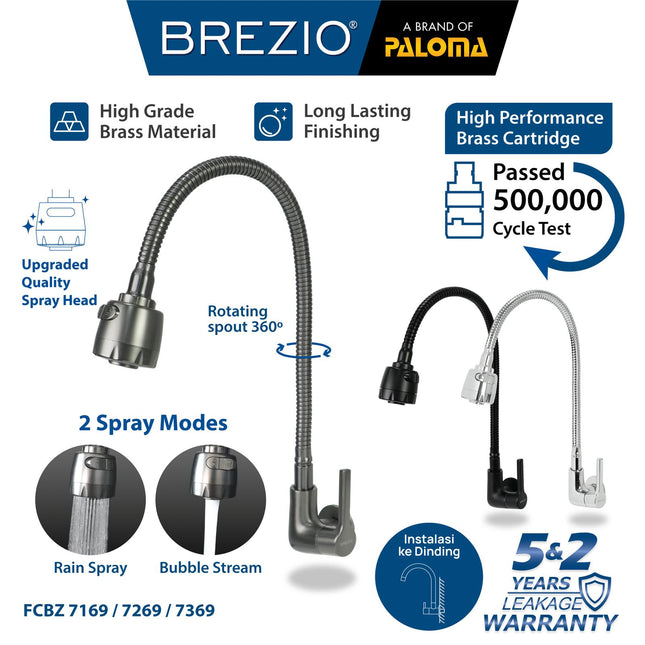 Keran Dapur Fleksibel BREZIO FCBZ 7169 FCBZ 7269 FCBZ 7369 Chrome Krom Silver Gunmetal Gun Metal Grey Abu Black Hitam Kran Cuci Piring Kran Air Sink Kran Leher Angsa Flexible Tembok Dinding Wall Brass Kuningan