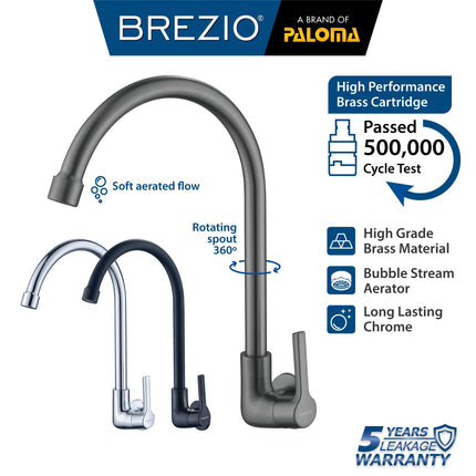 BREZIO Keran Sink Angsa Cuci Piring Dapur Tembok Kran Air Black Hitam Wastafel Brass Kuningan Chrome Silver Grey Abu Black Hitam Gunmetal Gun Metal FCBZ 7163 FCBZ 7263 FCBZ 7363