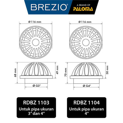 BREZIO Roof Drain Saringan Talang Air Saringan Dak Brass Kuningan 2" 2.5" 3" 4" Inch RDBZ 1101 RDBZ 1102 RDBZ 1103 RDBZ 1104
