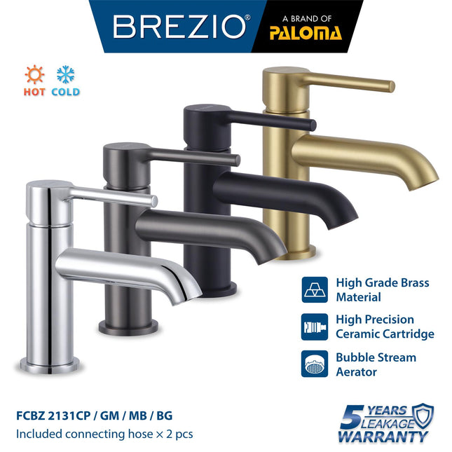 BREZIO Keran Wastafel Cuci Tangan Kran Air Panas Dingin Faucet Basin Mixer Hot Cold Lavatory Kamar Mandi Bathroom Chrome Krom Silver Gunmetal Grey Abu Matte Black Hitam Brushed Gold Emas FCBZ 2131 2131CP 2131GM 2131MB 2131BG