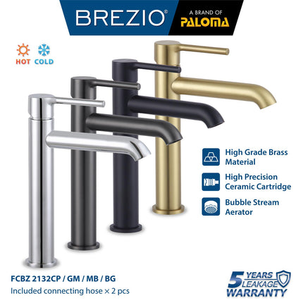 BREZIO Keran Wastafel Tinggi Cuci Tangan Kran Air Panas Dingin Bambu Sedang Tall Medium Faucet Basin Mixer Hot Cold Lavatory Kamar Mandi Chrome Krom Silver Gunmetal Grey Abu Matte Black Hitam Brushed Gold Emas FCBZ 2132 2132CP 2132GM 2132MB 2132BG