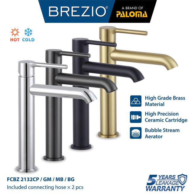 BREZIO Keran Wastafel Tinggi Cuci Tangan Kran Air Panas Dingin Bambu Sedang Tall Medium Faucet Basin Mixer Hot Cold Lavatory Kamar Mandi Chrome Krom Silver Gunmetal Grey Abu Matte Black Hitam Brushed Gold Emas FCBZ 2132 2132CP 2132GM 2132MB 2132BG