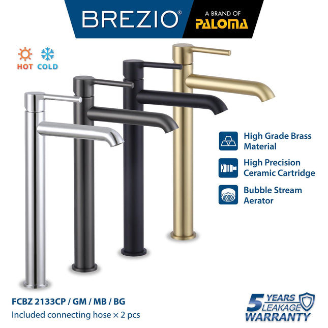BREZIO Keran Wastafel Tinggi Cuci Tangan Kran Air Panas Dingin Bambu Tall Faucet Basin Mixer Hot Cold Lavatory Kamar Mandi Bathroom Chrome Krom Silver Gunmetal Grey Abu Matte Black Hitam Brushed Gold Emas FCBZ 2133 2133CP 2133GM 2133MB 2133BG