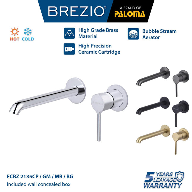 BREZIO Keran Wastafel Tanam Concealed Cuci Tangan Kran Air Panas Dingin Dinding Wall Faucet Basin Mixer Hot Cold Lavatory Kamar Mandi Chrome Krom Silver Gunmetal Grey Abu Matte Black Hitam Brushed Gold Emas FCBZ 2135 2135CP 2135GM 2135MB 2135BG