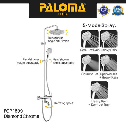 PALOMA Shower Tiang Set Column Keran Mandi Kran Air Panas Dingin Faucet Bathtub Bath Shower Mixer Hot Cold Kamar Mandi Bathroom Brass Kuningan Chrome Krom Black Hitam Gunmetal Grey Abu Gold Emas FCP 1809 1809M 1809T 1809S 1809E