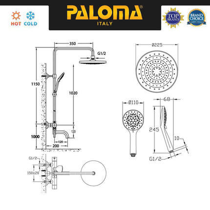 PALOMA Shower Tiang Set Column Keran Mandi Kran Air Panas Dingin Faucet Bathtub Bath Shower Mixer Hot Cold Kamar Mandi Bathroom Brass Kuningan Chrome Krom Black Hitam Gunmetal Grey Abu Gold Emas FCP 1809 1809M 1809T 1809S 1809E