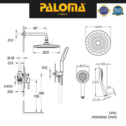 PALOMA Shower Tanam Set Concealed Keran Mandi Kran Air Panas Dingin Dinding Wall Faucet Shower Mixer Hot Cold Kamar Mandi Bathroom Chrome Silver Grey Abu Black Hitam Gunmetal Gun Metal Gold Emas FCP 1827 1827M 1827T 1827S 1827E
