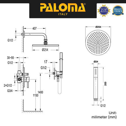 PALOMA Shower Tanam Set Concealed Keran Mandi Kran Air Panas Dingin Dinding Wall Faucet Shower Mixer Hot Cold Kamar Mandi Bathroom Chrome Silver Grey Abu Black Hitam Gunmetal Gun Metal Gold Emas FCP 1827 1827M 1827T 1827S 1827E