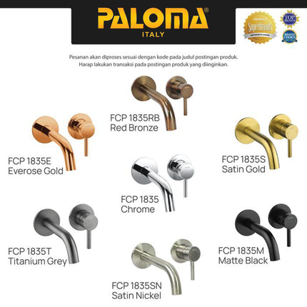 Keran Wastafel Tanam PALOMA FCP 1835 Chrome Krom Silver Grey Abu Gunmetal Gun Metal Black Hitam Gold Emas Concealed Cuci Tangan Kran Air Panas Dingin Dinding Wall Faucet Basin Mixer Hot Cold Lavatory Kamar Mandi 1835M 1835T 1835S 1835E 1835SN 1835RB