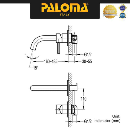 Keran Wastafel Tanam PALOMA FCP 1835 Chrome Krom Silver Grey Abu Gunmetal Gun Metal Black Hitam Gold Emas Concealed Cuci Tangan Kran Air Panas Dingin Dinding Wall Faucet Basin Mixer Hot Cold Lavatory Kamar Mandi 1835M 1835T 1835S 1835E 1835SN 1835RB