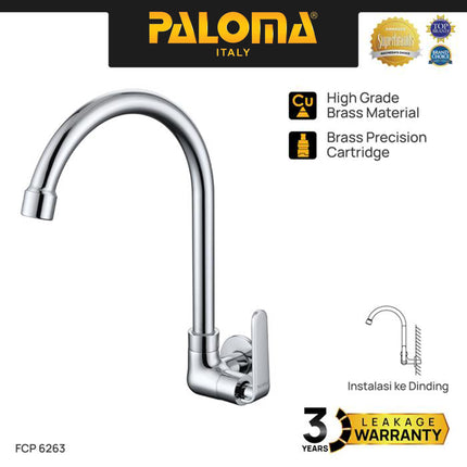PALOMA FCP 6263 Kran Sink Leher Angsa Keran Dapur Kran Cuci Tangan Kran Air Sink Tembok Dinding Wall Brass Kuningan Chrome KromKran Sink Leher Angsa Keran Dapur Kran Cuci Tangan Kran Air Sink Tembok Dinding Wall Brass Kuningan Chrome Krom