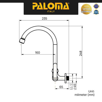 PALOMA FCP 6263 Kran Sink Leher Angsa Keran Dapur Kran Cuci Tangan Kran Air Sink Tembok Dinding Wall Brass Kuningan Chrome KromKran Sink Leher Angsa Keran Dapur Kran Cuci Tangan Kran Air Sink Tembok Dinding Wall Brass Kuningan Chrome Krom