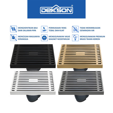 Floor Drain Dekkson FD 9907 BR CP SN GUN GREY MB PB Saringan Drainase Lantai Floor Drain 4 Inch Brass Black Gold Grey Silver