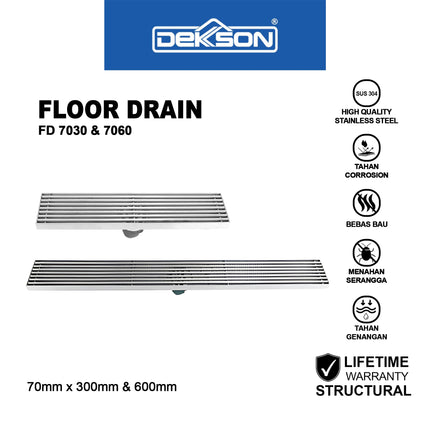 Floor Drain Dekkson FD 7030 7060 Saringan Air Kamar Mandi Toilet Garis Kotak Panjang 300mm 600mm Stainless Saringan Selokan WC