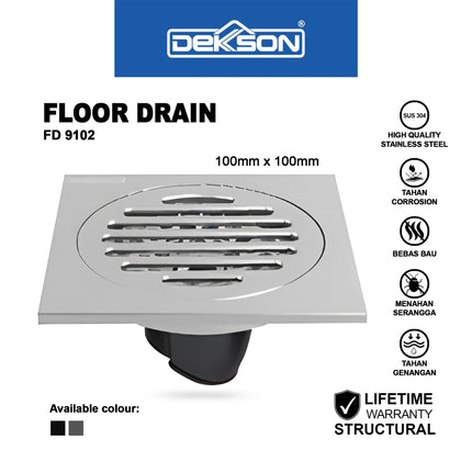 Floor Drain SUS 304 Dekkson FD 9102 Saringan Stainless Drainase Lantai Pembuangan Air Warna Stainless Gunmetal Hitam SS 10 Cm