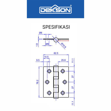 Engsel Dekson Dekkson ECOLINE 3X2,5X2MM 2BB SSS Engsel Pintu Jendela