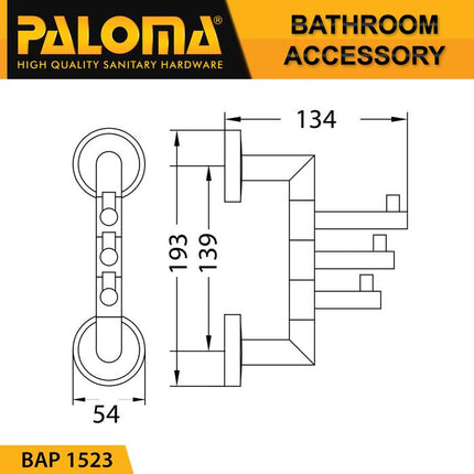 PALOMA BAP 1523 Kapstok Gantungan Baju Handuk Rak Hanger Mandi 3 Kait