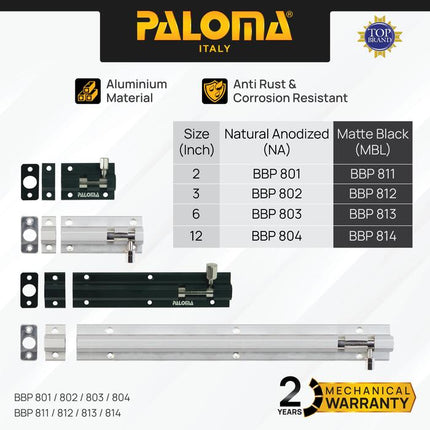 PALOMA Barrel Bolt Slot Jendela Pintu Grendel Gerendel Window Door Aluminium 2” 3” 6” 12” 2 3 6 12 Inch Chrome Silver Grey Black Abu Hitam BBP 801 802 803 804 811 812 813 814