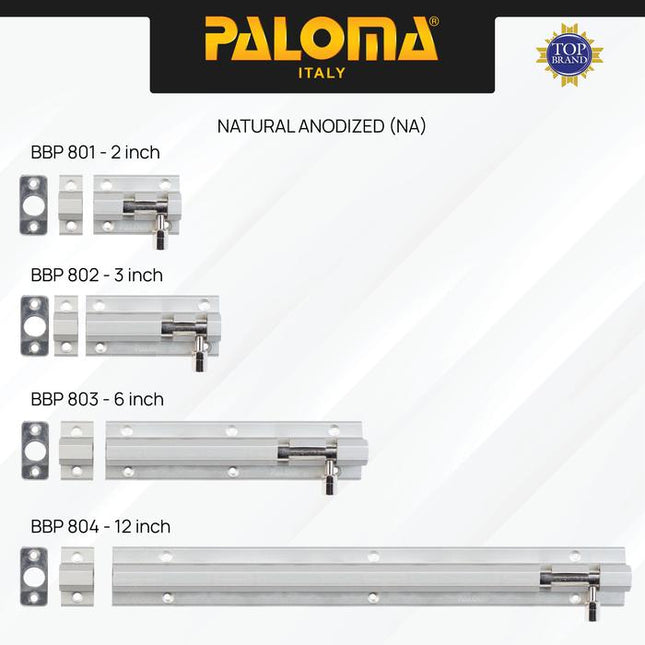 PALOMA Barrel Bolt Slot Jendela Pintu Grendel Gerendel Window Door Aluminium 2” 3” 6” 12” 2 3 6 12 Inch Chrome Silver Grey Black Abu Hitam BBP 801 802 803 804 811 812 813 814