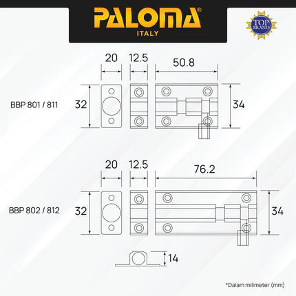 PALOMA Barrel Bolt Slot Jendela Pintu Grendel Gerendel Window Door Aluminium 2” 3” 6” 12” 2 3 6 12 Inch Chrome Silver Grey Black Abu Hitam BBP 801 802 803 804 811 812 813 814