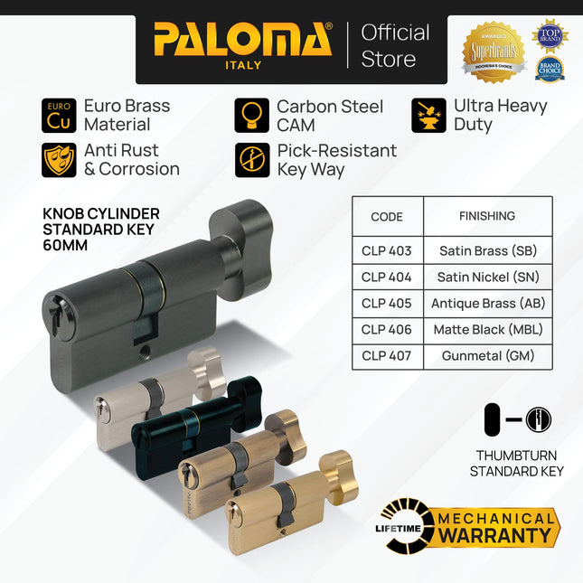 Cylinder Kunci PALOMA CLP 403 CLP 404 CLP 405 CLP 406 CLP 407 Gold Emas Grey Abu Antique Antik Black Hitam Gunmetal Gun Metal Pintu Silinder Knob Anak Standard Key KC-SK Brass Kuningan