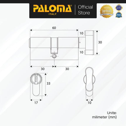 Cylinder Kunci PALOMA CLP 403 CLP 404 CLP 405 CLP 406 CLP 407 Gold Emas Grey Abu Antique Antik Black Hitam Gunmetal Gun Metal Pintu Silinder Knob Anak Standard Key KC-SK Brass Kuningan