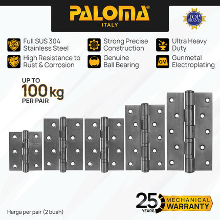 PALOMA Engsel Pintu Jendela Hinge Kupu Butt Plat Kayu Aluminium PVC Hinges Door Window Stainless Steel SUS 304 SUS304 Ball Bearing 2BB 4BB NRP 3" 4" 5" 6" 3 4 5 6 Inch Gunmetal Gun Metal Grey Abu BHP 251 252 253 254 255
