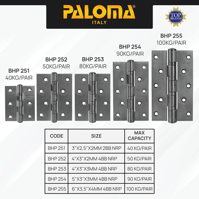 PALOMA Engsel Pintu Jendela Hinge Kupu Butt Plat Kayu Aluminium PVC Hinges Door Window Stainless Steel SUS 304 SUS304 Ball Bearing 2BB 4BB NRP 3" 4" 5" 6" 3 4 5 6 Inch Gunmetal Gun Metal Grey Abu BHP 251 252 253 254 255
