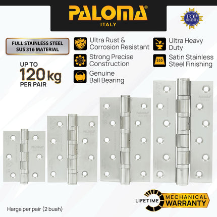Engsel Pintu Jendela Hinge Kupu PALOMA BHP 111 112 113 114 Satin Butt Plat Kayu Aluminium PVC Hinges Door Window Stainless Steel SUS 316 SUS316 Ball Bearing 2BB 4BB 5BB NRP 3" 4" 5" 6" 3 4 5 6 Inch