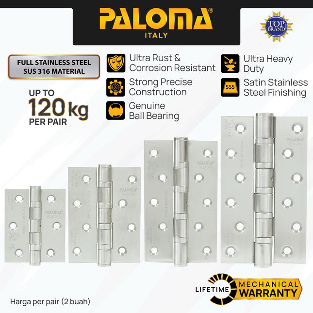 Engsel Pintu Jendela Hinge Kupu PALOMA BHP 111 112 113 114 Satin Butt Plat Kayu Aluminium PVC Hinges Door Window Stainless Steel SUS 316 SUS316 Ball Bearing 2BB 4BB 5BB NRP 3" 4" 5" 6" 3 4 5 6 Inch