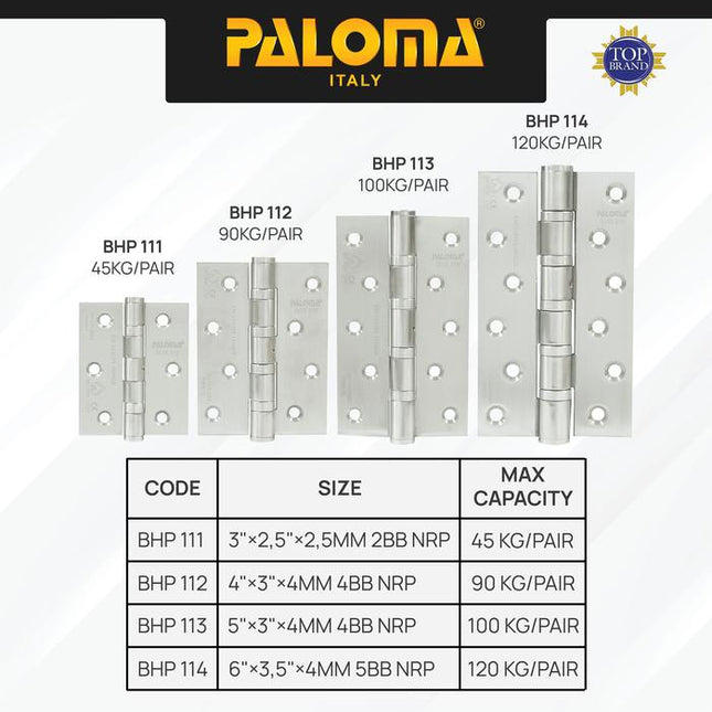 Engsel Pintu Jendela Hinge Kupu PALOMA BHP 111 112 113 114 Satin Butt Plat Kayu Aluminium PVC Hinges Door Window Stainless Steel SUS 316 SUS316 Ball Bearing 2BB 4BB 5BB NRP 3" 4" 5" 6" 3 4 5 6 Inch