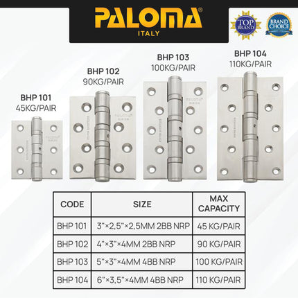 PALOMA Engsel Pintu Jendela Hinge Kupu Butt Plat Kayu Aluminium PVC Hinges Door Window Stainless Steel SUS 316 SUS316 Ball Bearing 2BB 4BB 6BB NRP 3" 4" 5" 6" 8" 3 4 5 6 8 Inch BHP 101 102 103 104 105 106 107