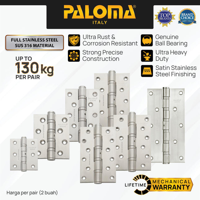 PALOMA Engsel Pintu Jendela Hinge Kupu Butt Plat Kayu Aluminium PVC Hinges Door Window Stainless Steel SUS 316 SUS316 Ball Bearing 2BB 4BB 6BB NRP 3" 4" 5" 6" 8" 3 4 5 6 8 Inch BHP 101 102 103 104 105 106 107