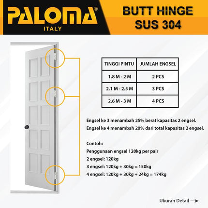 PALOMA Engsel Pintu Jendela Kupu Plat Butt Hinge Black Hitam BHP 23