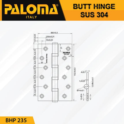 PALOMA Engsel Pintu Jendela Kupu Plat Butt Hinge Black Hitam BHP 23