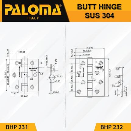 PALOMA Engsel Pintu Jendela Kupu Plat Butt Hinge Black Hitam BHP 23