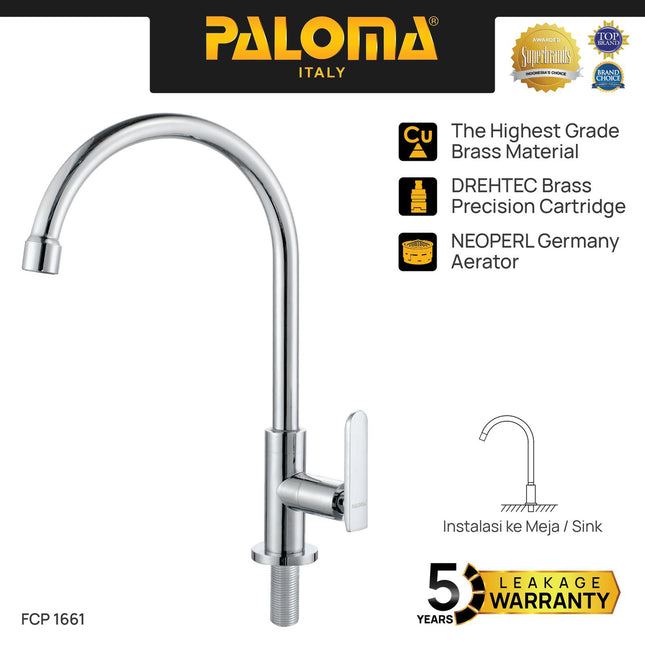 PALOMA FCP 1661 Kran Sink Leher Angsa Keran Dapur Kitchen Keran Wastafel Kran Cuci Tangan Kran Air Sink Tembok Dinding Wall Brass Kuningan Chrome Krom